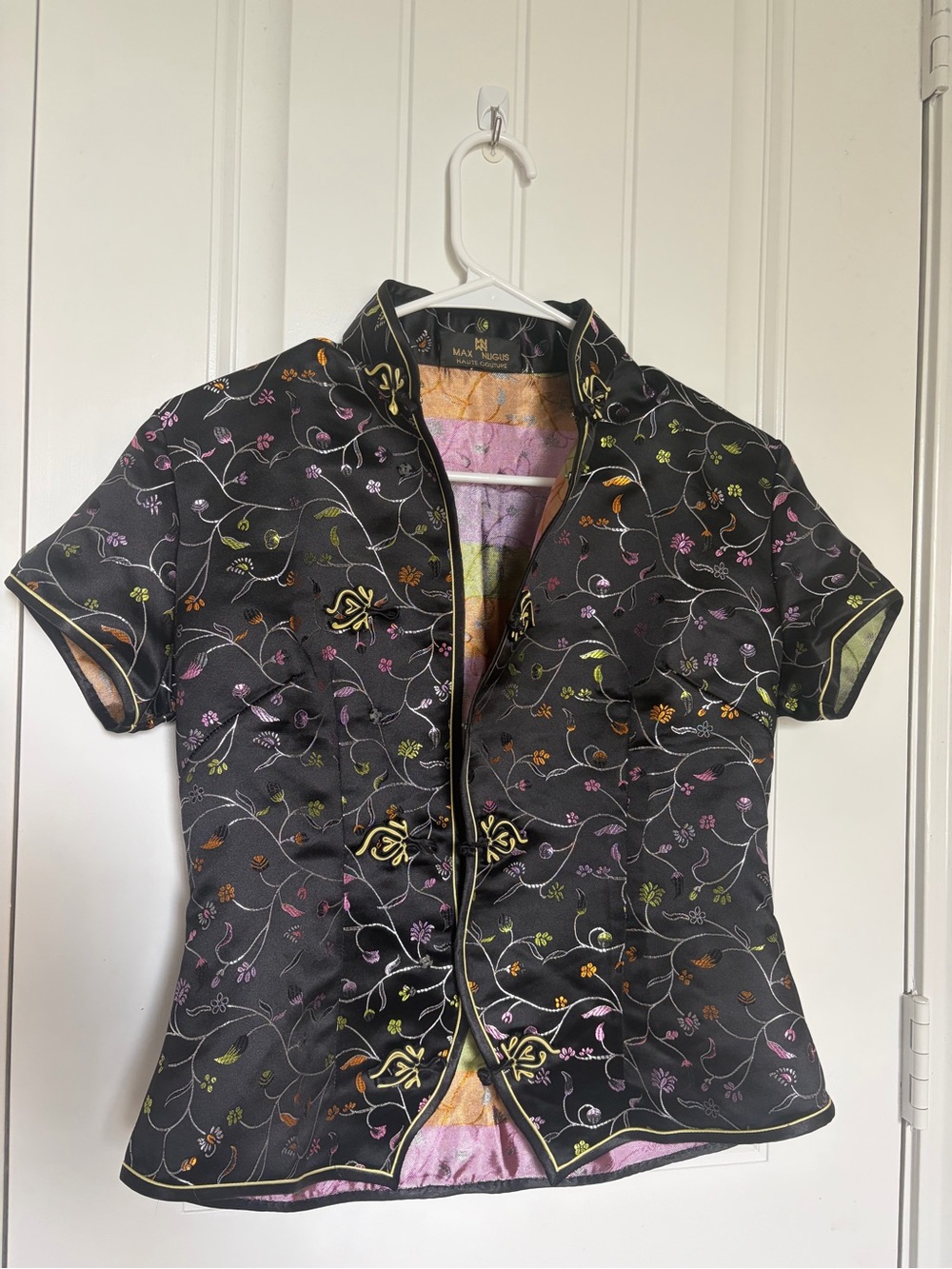 Max Nugus Black and Multi Colored Satin-Look Floral Lined Qipao